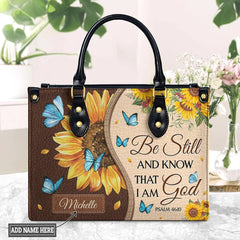 Christianart Designer Handbags, Be Still And Know That I Am God Psalm 46:10 Sunflower Butterfly, Personalized Gifts, Gifts for Women, Christmas Gift.