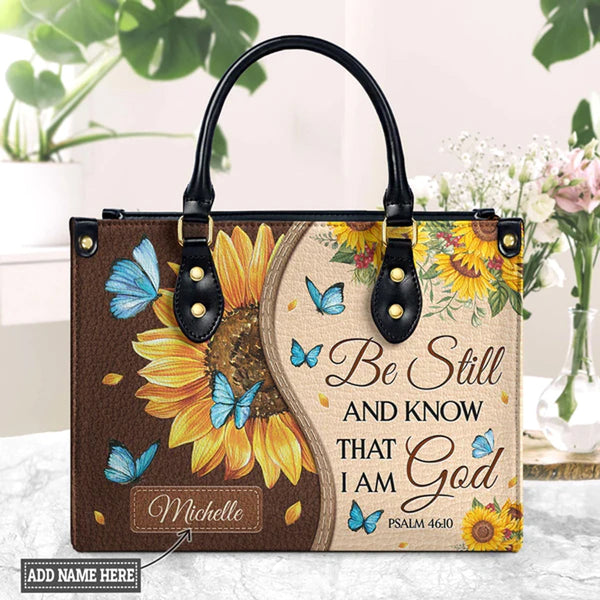 Christianart Designer Handbags, Be Still And Know That I Am God Psalm 46:10 Sunflower Butterfly, Personalized Gifts, Gifts for Women, Christmas Gift.