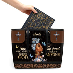 Christianart Designer Handbags, She Who Kneels Before God Can Stand Before Anyone, Personalized Gifts, Gifts for Women.