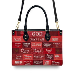 Inspirational Scripture Leather Handbag - Custom Name CHRISTIANARTBAG Tote - GOD Says I Am Red Leather Handbag.